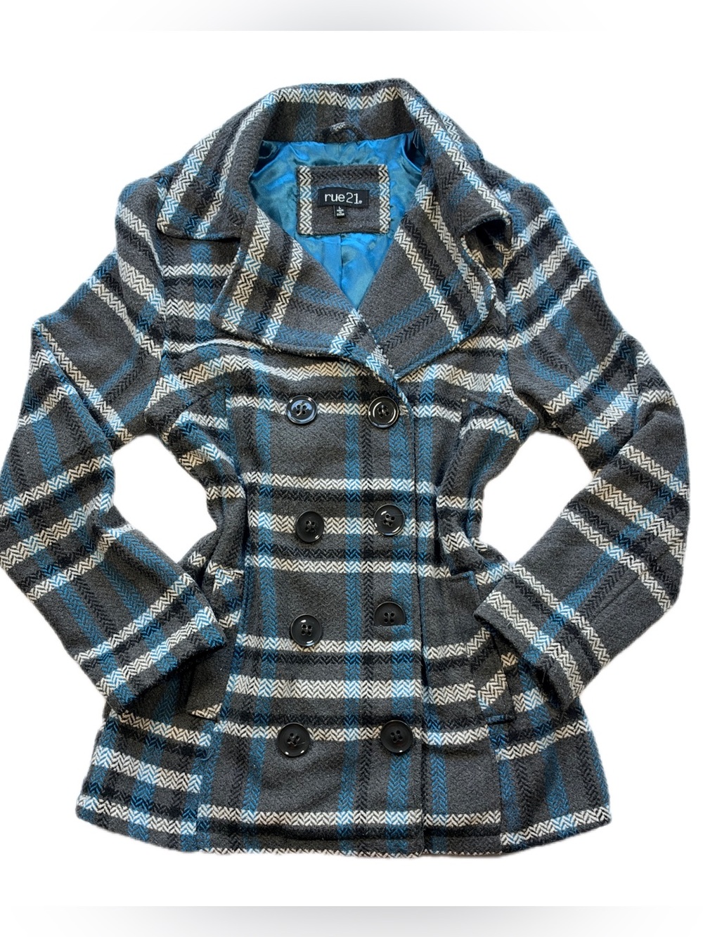 y2k Rue21 Gray & Blue Plaid Double-Breasted Pea Coat